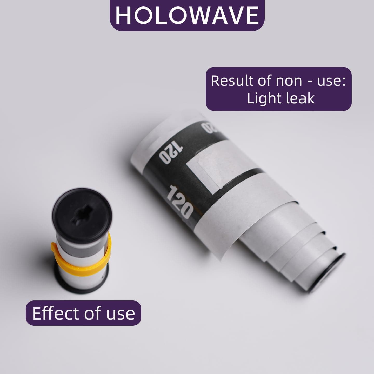 Yellow securing ring fitted around a finished roll of 120 film