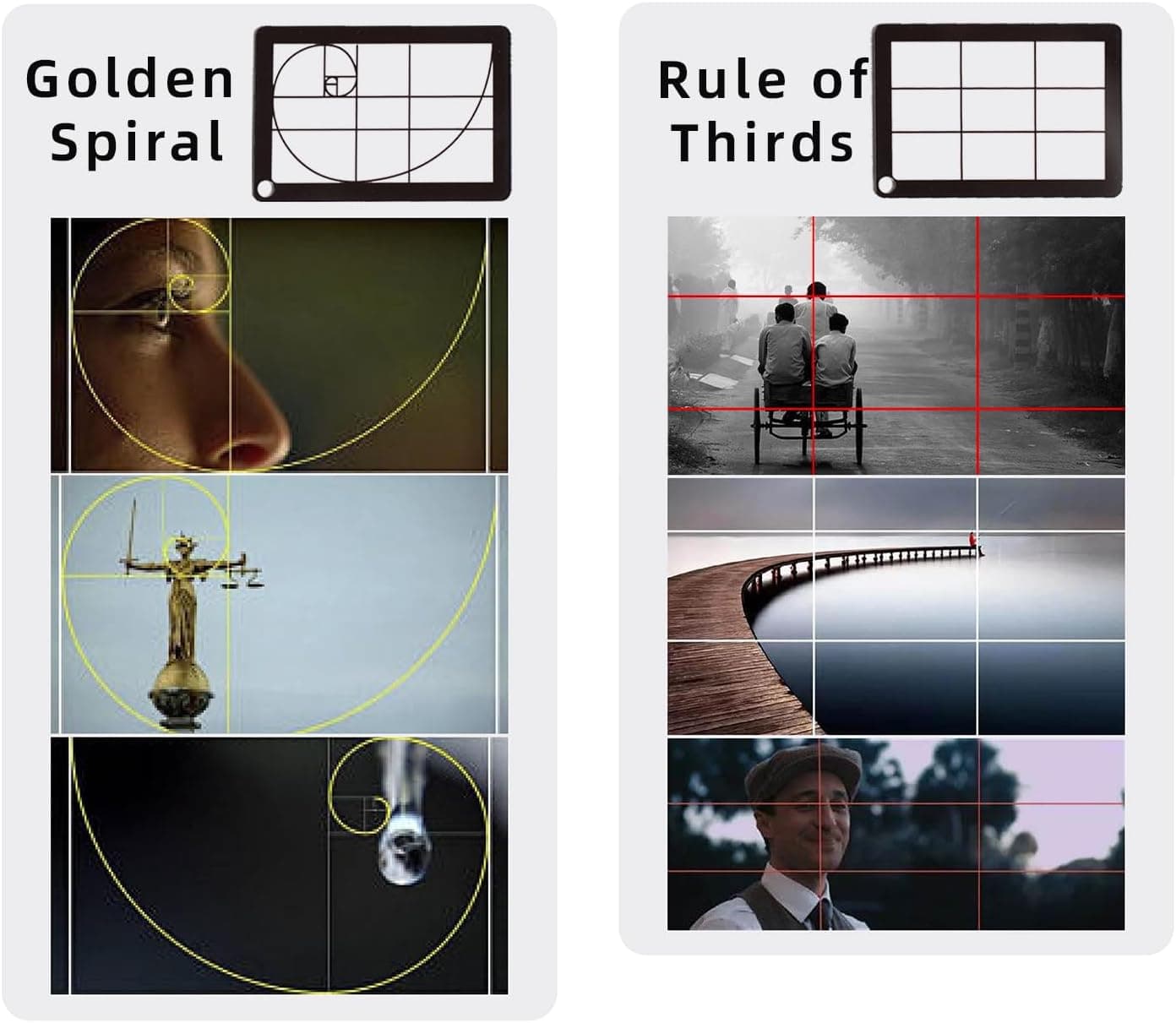Transparent composition cards showing golden ratio and rule-of-thirds guides